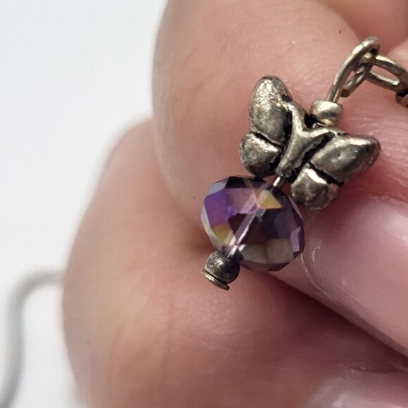 VTG Sterling Silver Butterfly Dangle Drop Earrings Dainty Purple AB style bead - Picture 5 of 8